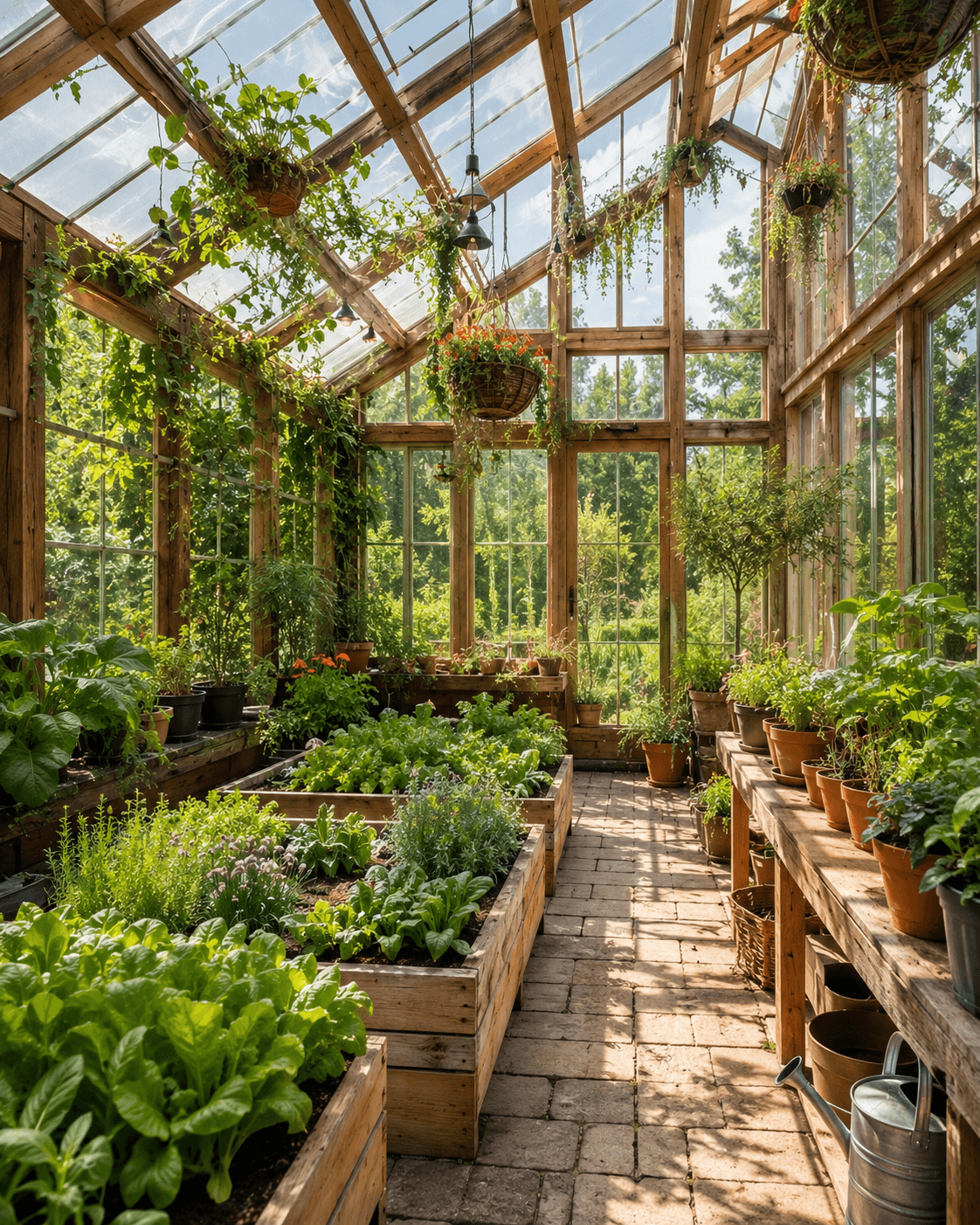 Lush greenhouse interior with wooden raised beds and natural light